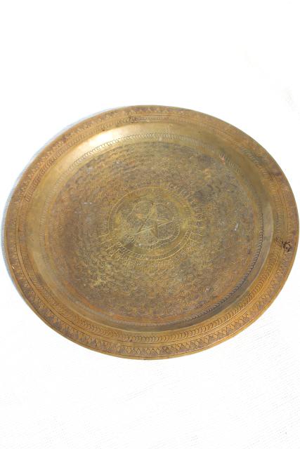 photo of solid brass tray w/ tooled star, vintage serving tray or wall art charger plate #1