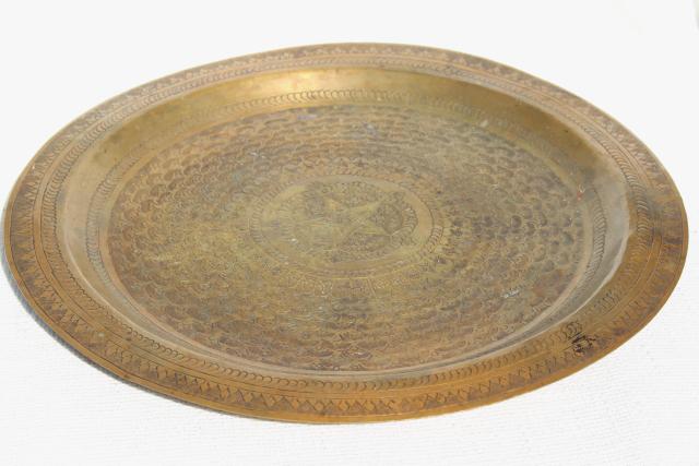 photo of solid brass tray w/ tooled star, vintage serving tray or wall art charger plate #2