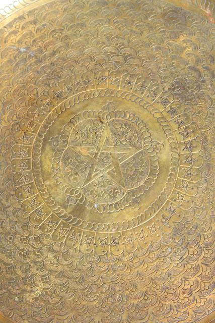 photo of solid brass tray w/ tooled star, vintage serving tray or wall art charger plate #3