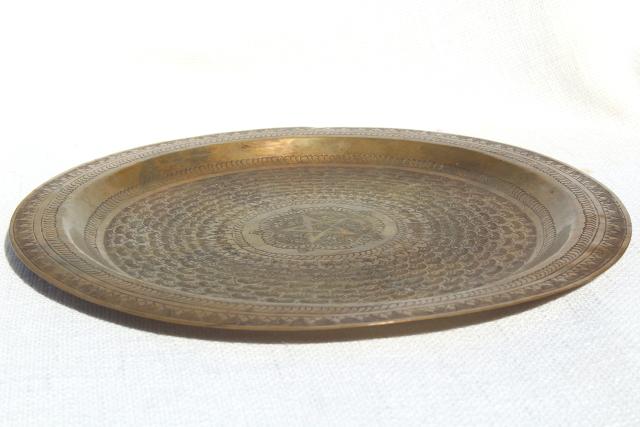 photo of solid brass tray w/ tooled star, vintage serving tray or wall art charger plate #7