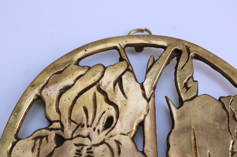 photo of solid brass trivet w/ iris flowers, 80s vintage art deco style chinoiserie floral  #2