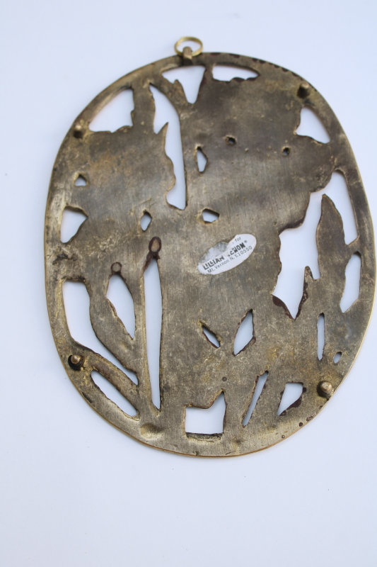 photo of solid brass trivet w/ iris flowers, 80s vintage art deco style chinoiserie floral  #3