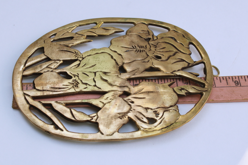 photo of solid brass trivet w/ iris flowers, 80s vintage art deco style chinoiserie floral  #4