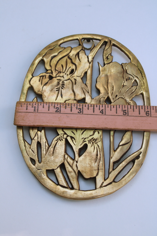 photo of solid brass trivet w/ iris flowers, 80s vintage art deco style chinoiserie floral  #5