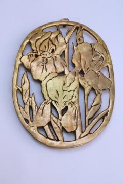 catalog photo of solid brass trivet w/ iris flowers, 80s vintage art deco style chinoiserie floral 