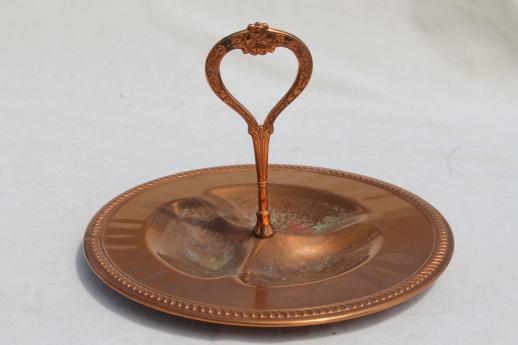 photo of solid copper buffet server, olive dish w/ center handle, 60s vintage serving piece #2