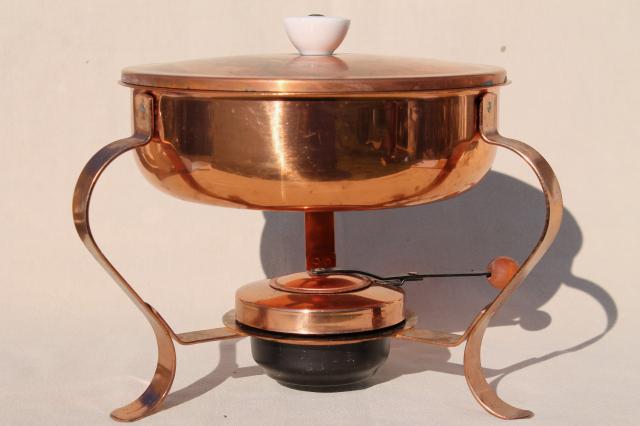 photo of solid copper chafing dish w/ warmer burner, vintage buffet serving dish #1