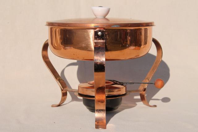 photo of solid copper chafing dish w/ warmer burner, vintage buffet serving dish #3