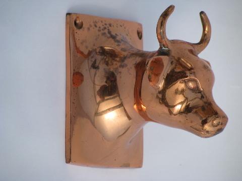 photo of solid copper cow, vintage kitchen wall plaque, french country dairy style #1