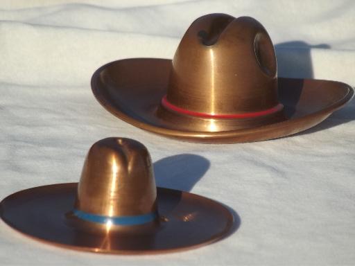 photo of solid copper cowboy hats, vintage metal art sculpture pieces or ashtrays #1