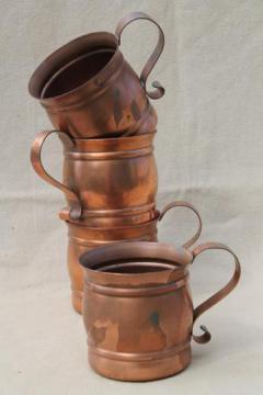 catalog photo of solid copper cups, moscow mule mugs or beer steins set, vintage Gregorian copper