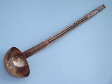 catalog photo of solid copper soup ladle, vintage kitchen copperware cooking utensil