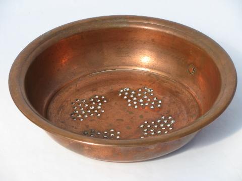 photo of solid copper strainer bowl colander, heavy brass handle #1