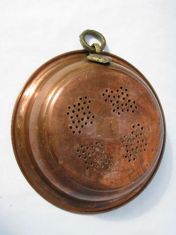 photo of solid copper strainer bowl colander, heavy brass handle #2