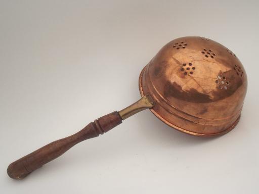 photo of solid copper  strainer scoop, vintage wood handled dipper skimmer basket #3