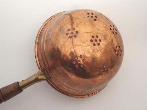 photo of solid copper  strainer scoop, vintage wood handled dipper skimmer basket #5