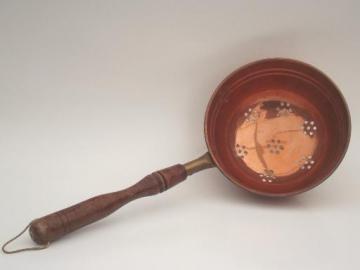 catalog photo of solid copper  strainer scoop, vintage wood handled dipper skimmer basket