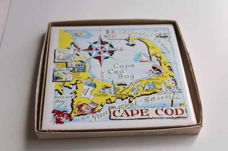 photo of souvenir of Cape Cod, map print trivet vintage Screencraft ceramic tile new in box  #1