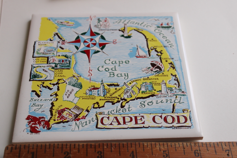 photo of souvenir of Cape Cod, map print trivet vintage Screencraft ceramic tile new in box  #2