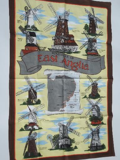 photo of souvenir printed cotton tea towel, English windmills of East Anglia #1