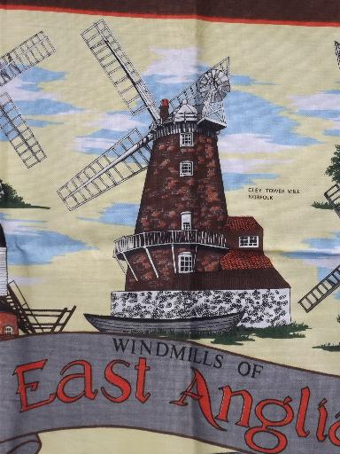 photo of souvenir printed cotton tea towel, English windmills of East Anglia #2