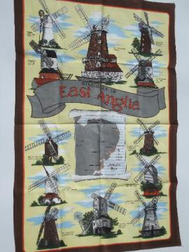 catalog photo of souvenir printed cotton tea towel, English windmills of East Anglia