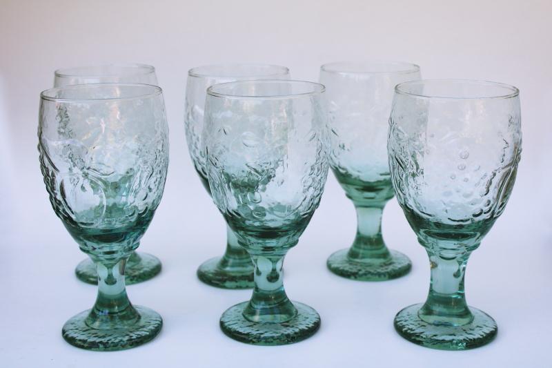 photo of spanish green glass wine or water goblets, orchard fruit pattern Libbey glasses #1