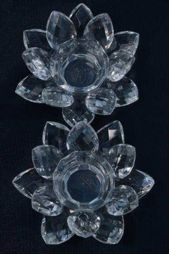 photo of sparkling glass prism lotus flower candle holders, Godinger crystal set new in box #3
