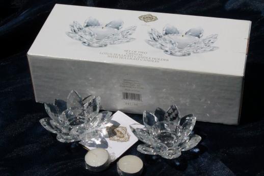 photo of sparkling glass prism lotus flower candle holders, Godinger crystal set new in box #5