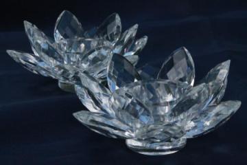 catalog photo of sparkling glass prism lotus flower candle holders, Godinger crystal set new in box