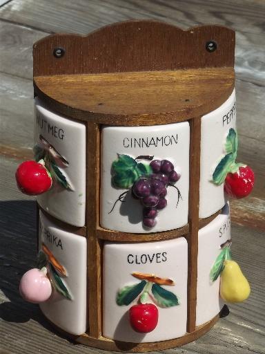 photo of spice box wall rack canister jars set w/ painted fruit, vintage Japan #1