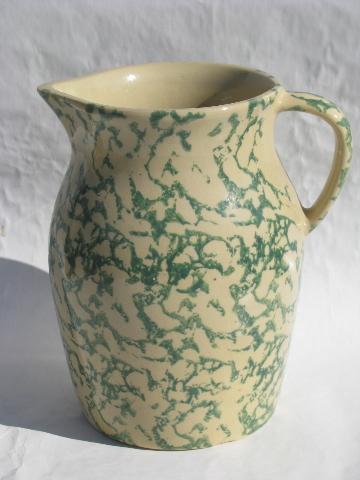 photo of spongeware stoneware pottery crockery milk pitcher, green sponge Roseville O #1