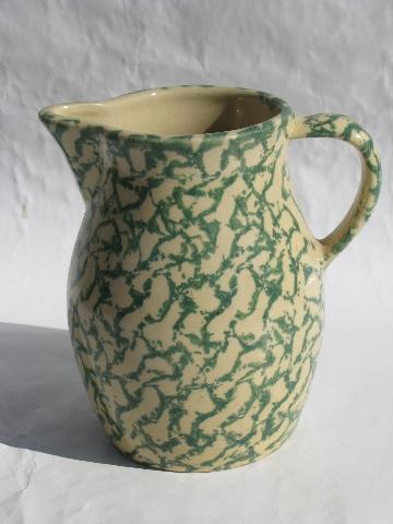 photo of spongeware stoneware pottery crockery milk pitcher, green sponge Roseville O #1