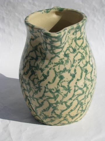 photo of spongeware stoneware pottery crockery milk pitcher, green sponge Roseville O #2