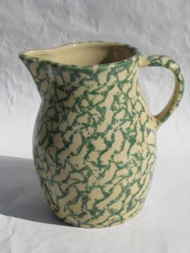 catalog photo of spongeware stoneware pottery crockery milk pitcher, green sponge Roseville O