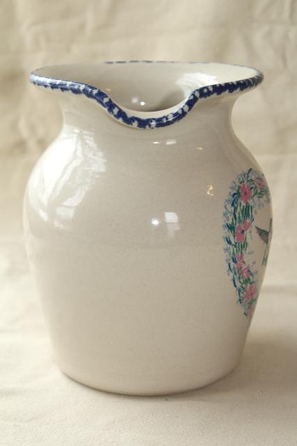 photo of spongeware stoneware pottery pitcher hummingbird heart floral, Home & Garden Party 90s vintage #5