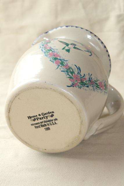 photo of spongeware stoneware pottery pitcher hummingbird heart floral, Home & Garden Party 90s vintage #7
