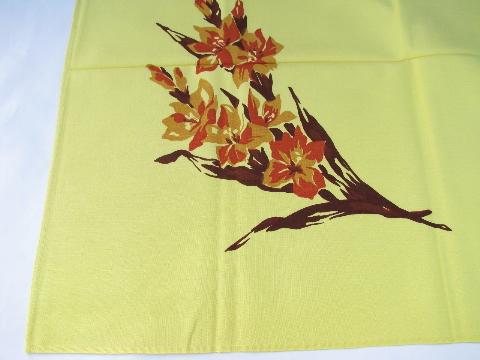 photo of spray of liles on yellow, vintage 1950s printed cotton kitchen tablecloth #3