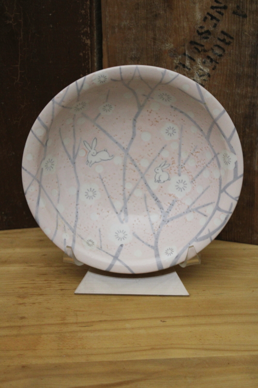 photo of spring bunnies & sakura cherry blossoms pink & grey bowl, vintage Mino Japan stoneware #1