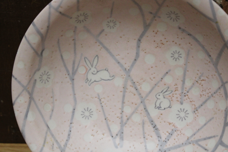 photo of spring bunnies & sakura cherry blossoms pink & grey bowl, vintage Mino Japan stoneware #2