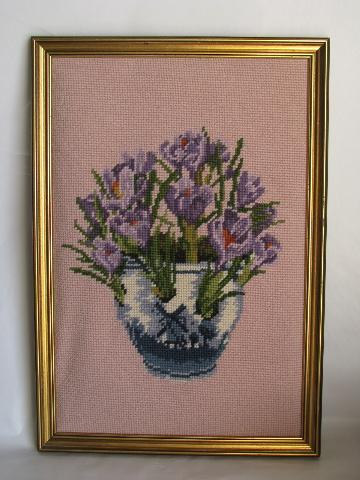 photo of spring crocus flowers, 1950s vintage framed needlepoint picture #1