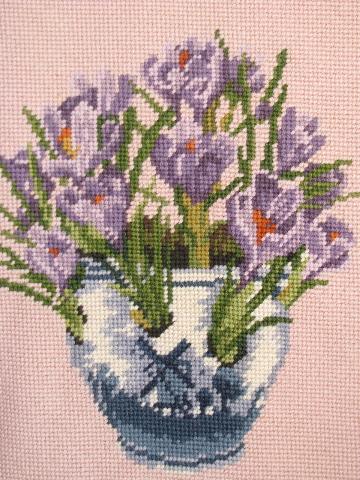 photo of spring crocus flowers, 1950s vintage framed needlepoint picture #2