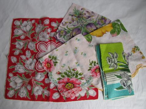 photo of spring flowers, tulips & daffodils vintage floral print cotton hankies lot #1