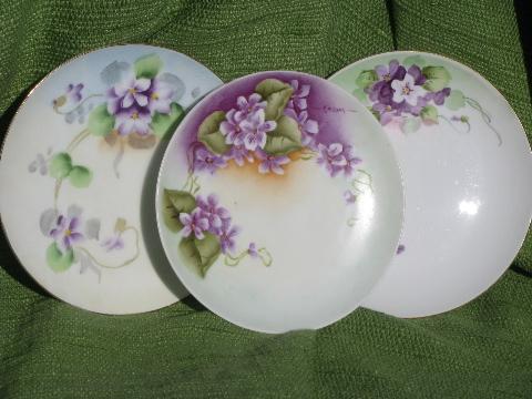 photo of spring violets, lot early 1900s vintage plates, hand-painted Nippon + #1