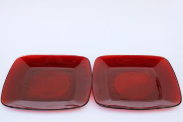 photo of square Charm shape salad plates, vintage royal ruby red Anchor Hocking glassware