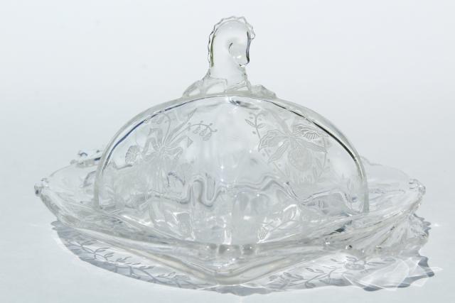 photo of square covered butter dish, dome cover & plate - 50s vintage Heisey orchid etched glass #1