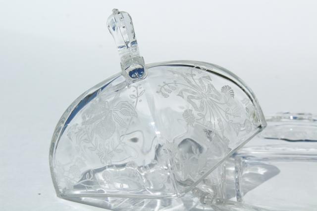 photo of square covered butter dish, dome cover & plate - 50s vintage Heisey orchid etched glass #7