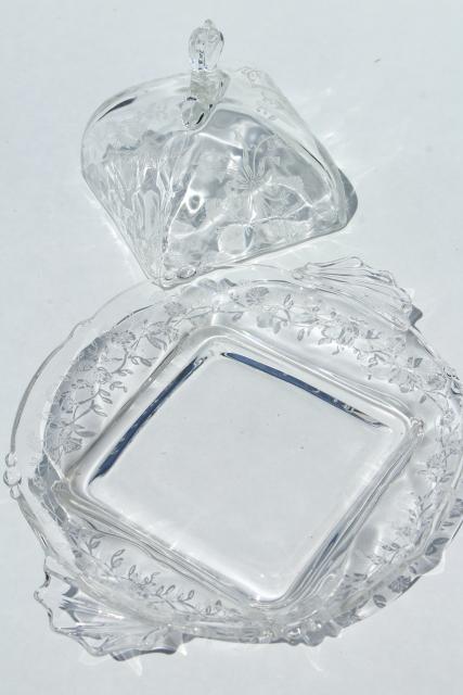 photo of square covered butter dish, dome cover & plate - 50s vintage Heisey orchid etched glass #8