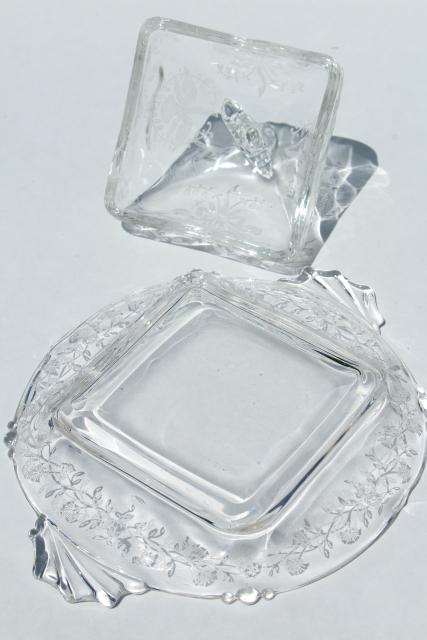 photo of square covered butter dish, dome cover & plate - 50s vintage Heisey orchid etched glass #9