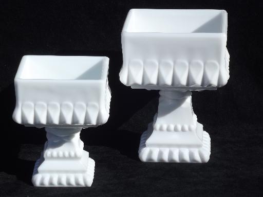 photo of square milk glass compotes big and small, Westmoreland wedding bowl shape #1